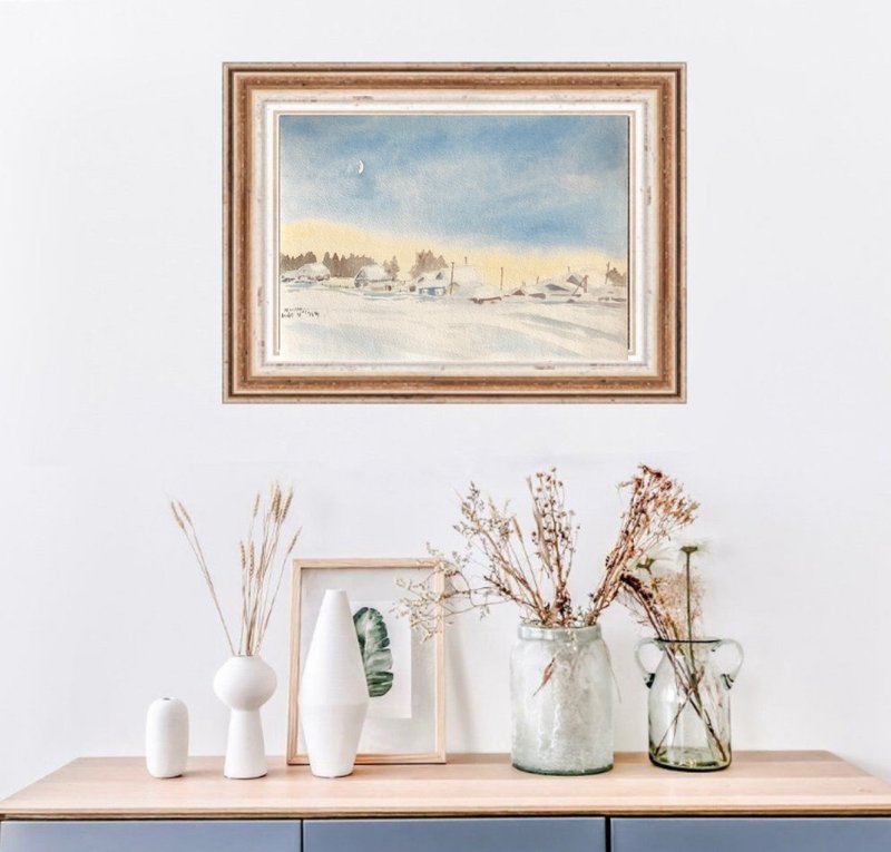 Winter village original watercolour painting wall art kitchen kitchen cabinets - 壁貼/牆壁裝飾 - 紙 白色