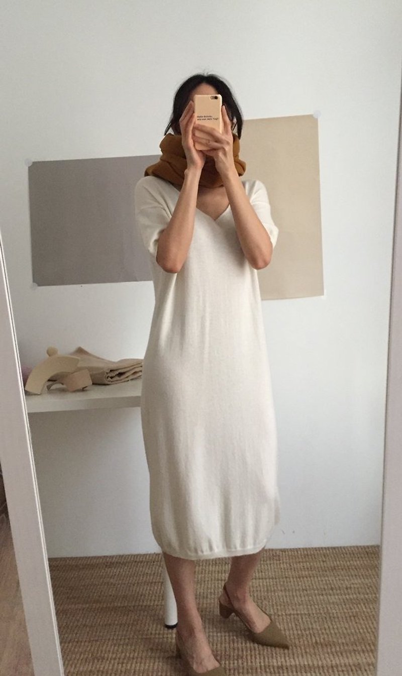 ANDREA DRESS lightweight cotton cashmere blend big V-neck five-point sleeve dress - One Piece Dresses - Wool 