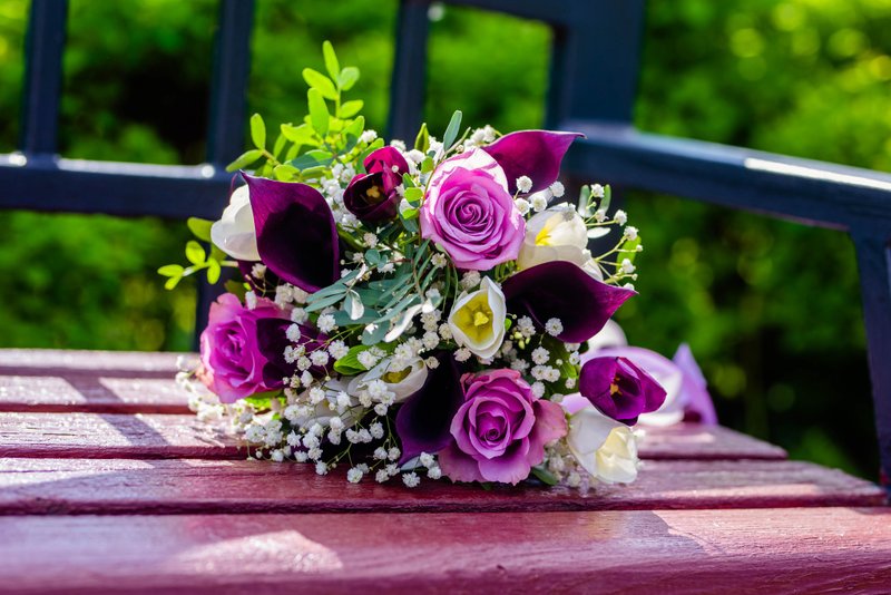 Violet undying roses and tulips bouquet, Bridal bouquet, outside wedding photo - Dried Flowers & Bouquets - Clay Multicolor