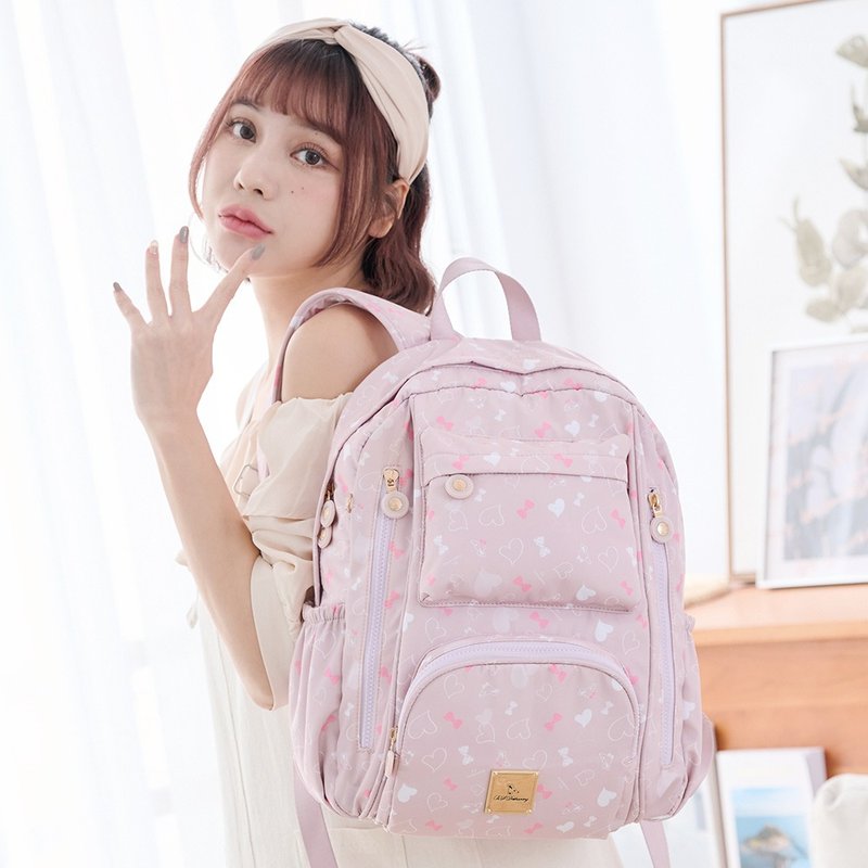 [Sweet Q Cute] Heart to Heart - Gentle and Large Capacity Backpack with Slip Pocket - Pink Apricot - Backpacks - Nylon Multicolor