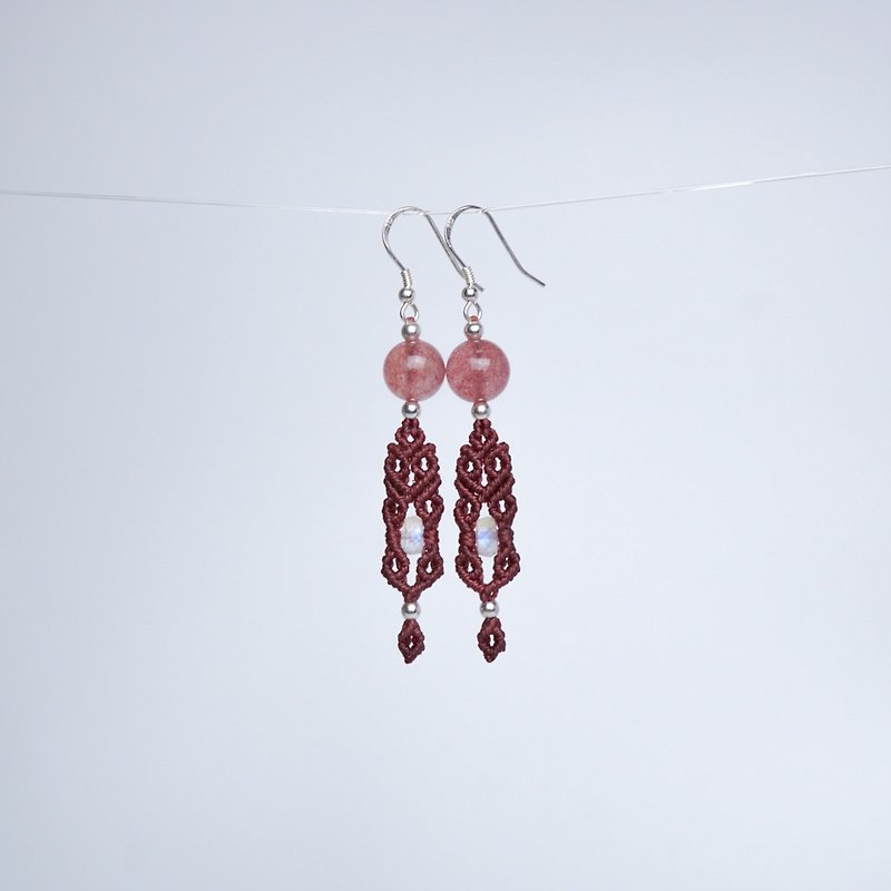 草莓晶 月亮石 蠟線編織耳環 - 耳環/耳夾 - 寶石 紅色