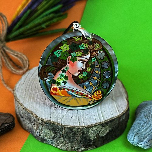 Charm.arts Ivy by Alphonse Mucha on dainty necklace. Gorgeous handmade jewelry for summer