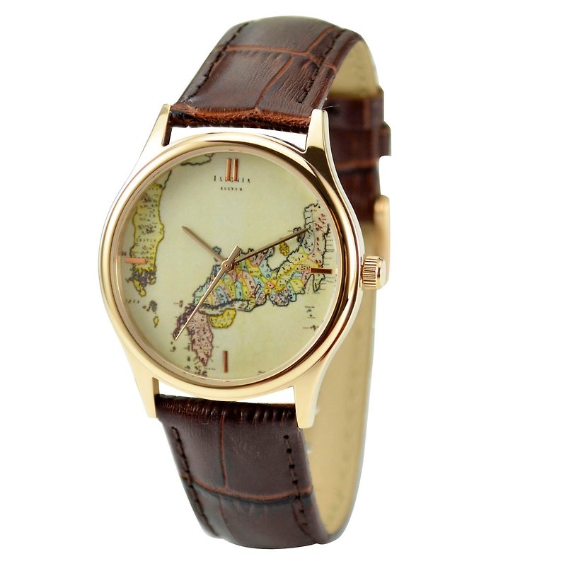 古日本地圖手錶 玫瑰金 - 男女兼用 - 全球免運 - 女錶 - 其他金屬 卡其色