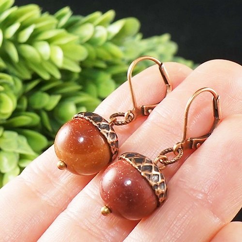 AGATIX Cherry Red Mookaite Jasper Copper Acorn Forest Nature Woodland Jewelry Earrings