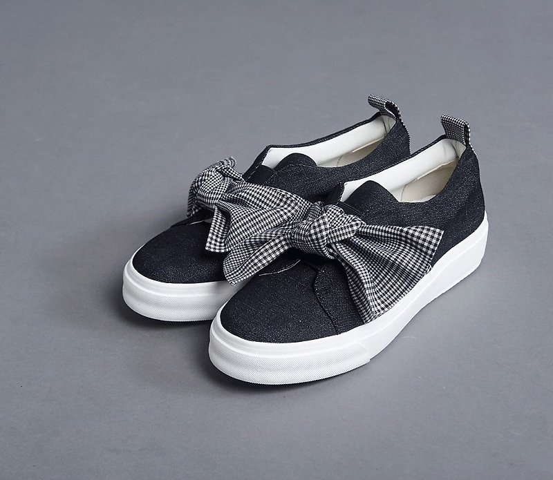 Tie-knotted plaid denim round head casual shoes black - Women's Casual Shoes - Genuine Leather Black