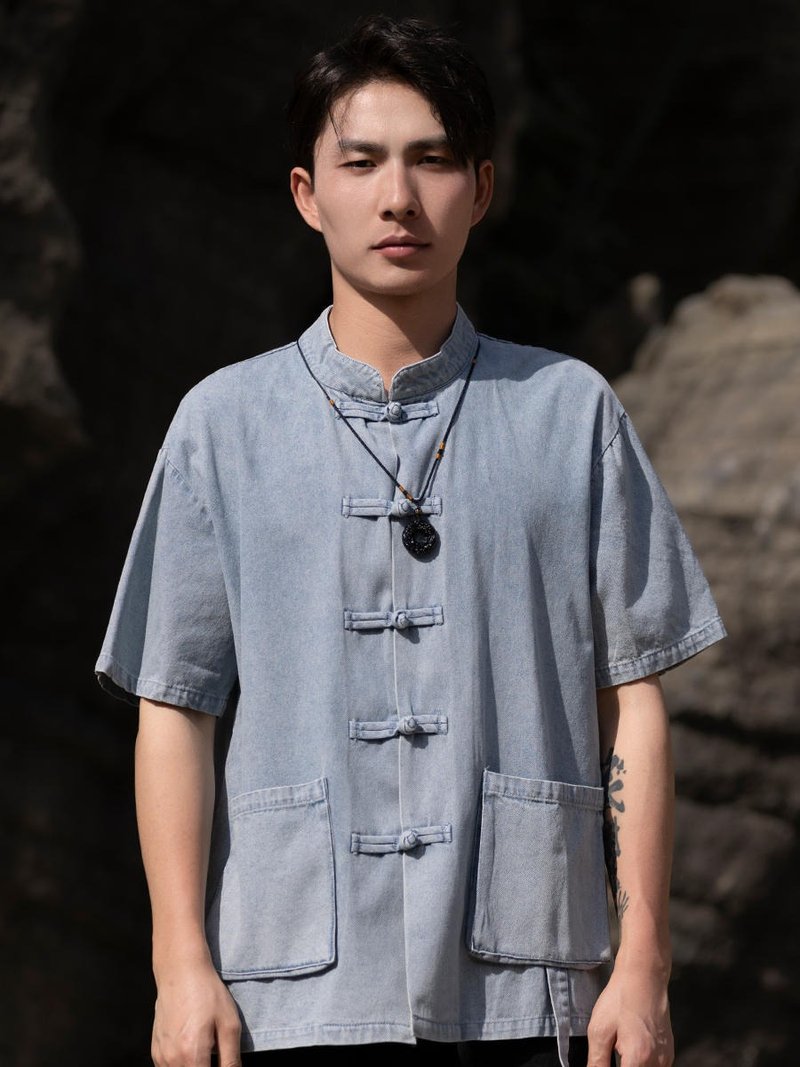 New Chinese retro stand collar buttoned denim short-sleeved shirt - Men's Shirts - Other Materials Multicolor