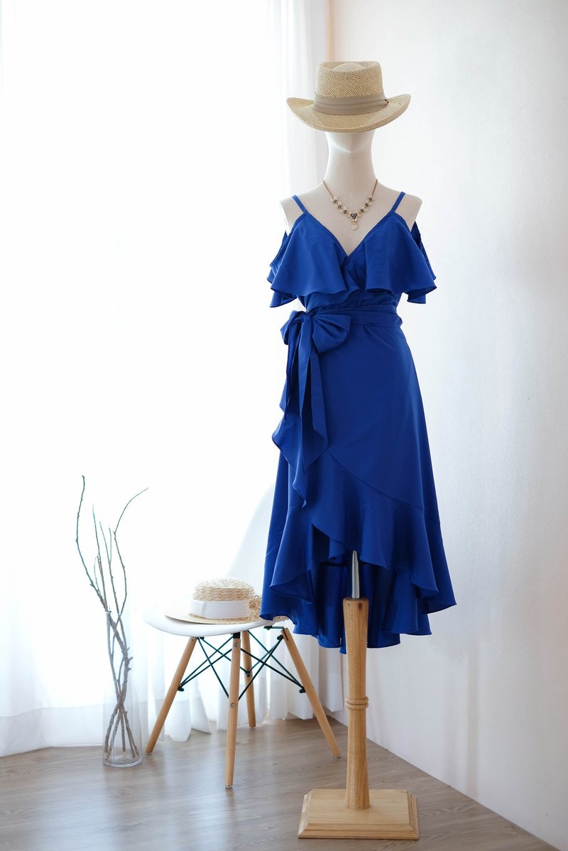 Cobalt blue bridesmaid wrap dress Midi Spring Summer Party dress - One Piece Dresses - Polyester Blue