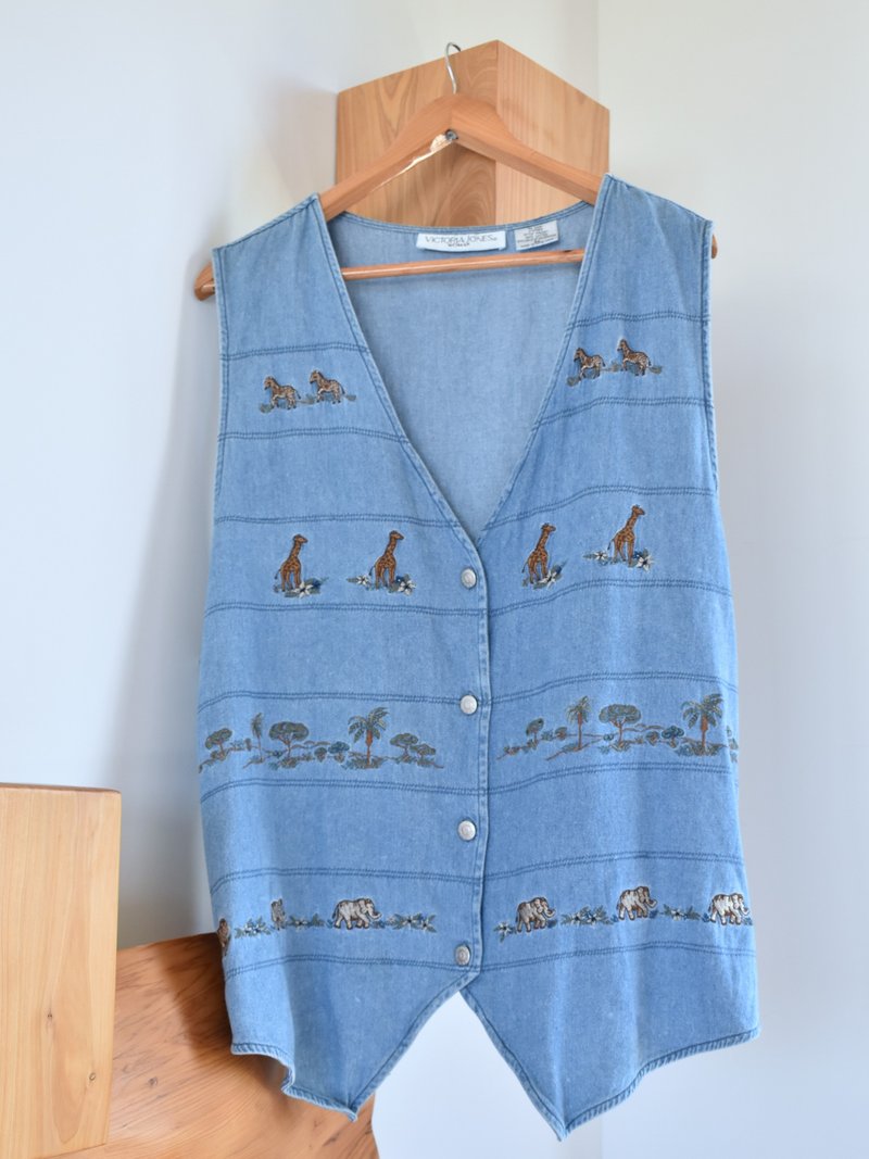 Vintage 牛仔刺繡背心 非洲動物 - 背心/無袖上衣 - 棉．麻 