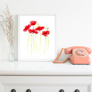 红罂粟花水彩现代风艺术画报.英雄花天蝎座花卉插画简约装饰.