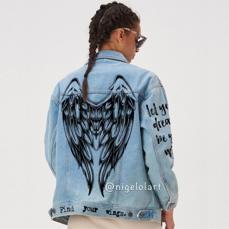 Painted denim jacket, handmade jacket, custom jacket Wings Angels Gift - 女大衣/外套 - 棉．麻 多色