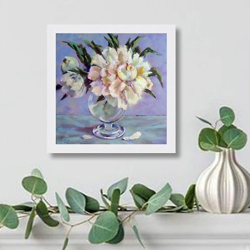 Fenggallery White peony oil painting on canvas - original wall art - framed flower painting