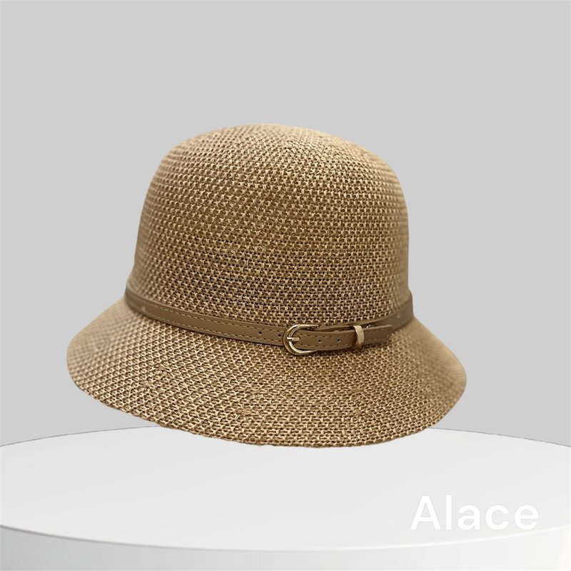 Elegant belt decorated hat- Khaki - หมวก - ผ้าฝ้าย/ผ้าลินิน 