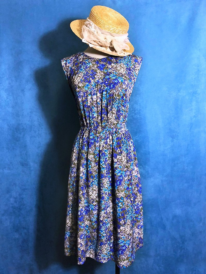 青い花のノースリーブヴィンテージドレス/ヴィンテージを海外に持っていく - ワンピース - ポリエステル ブルー
