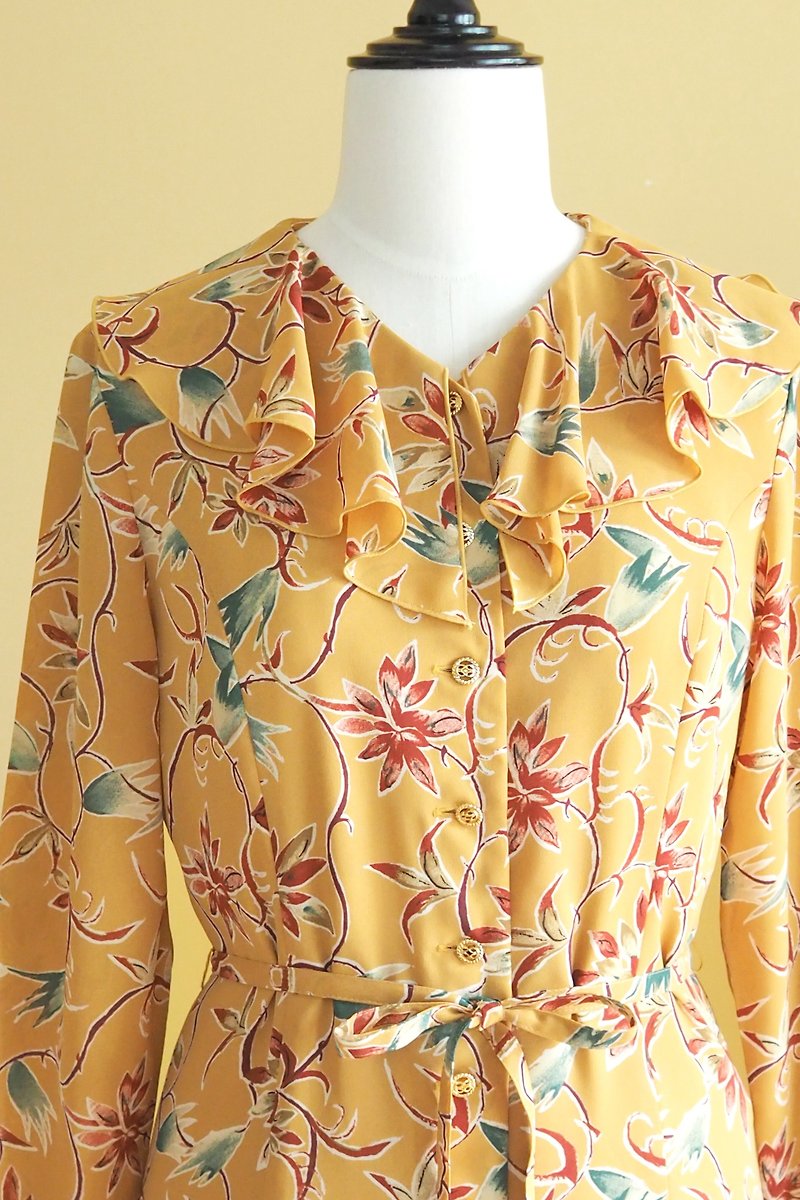 VINTAGE yellow mustard dress, flower printed, size L - One Piece Dresses - Polyester Orange