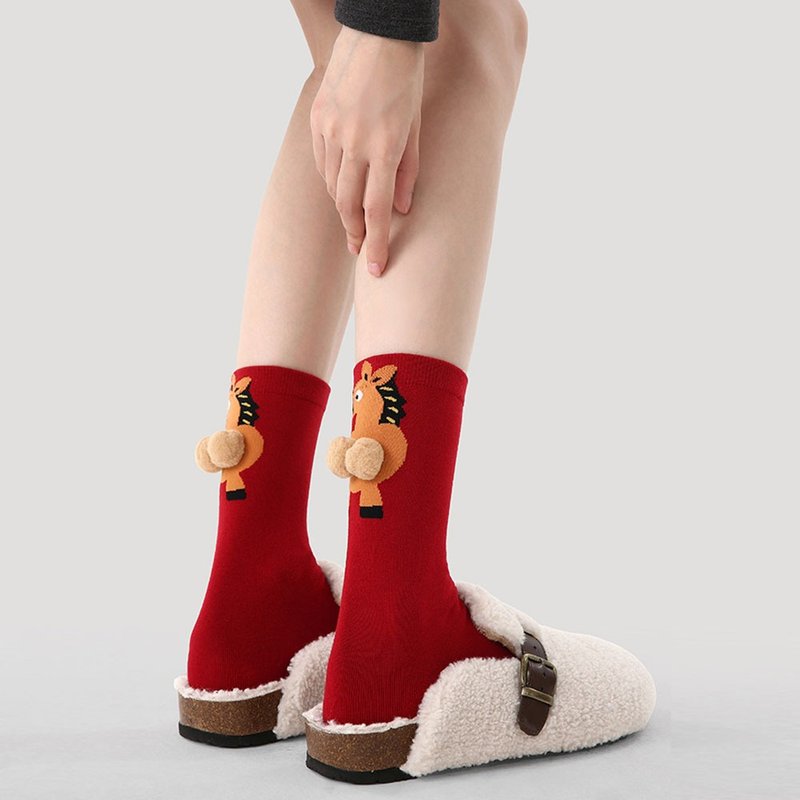 馬年襪子 新年趣味大紅襪 秋冬6雙組合中筒襪 - 襪 - 棉．麻 紅色