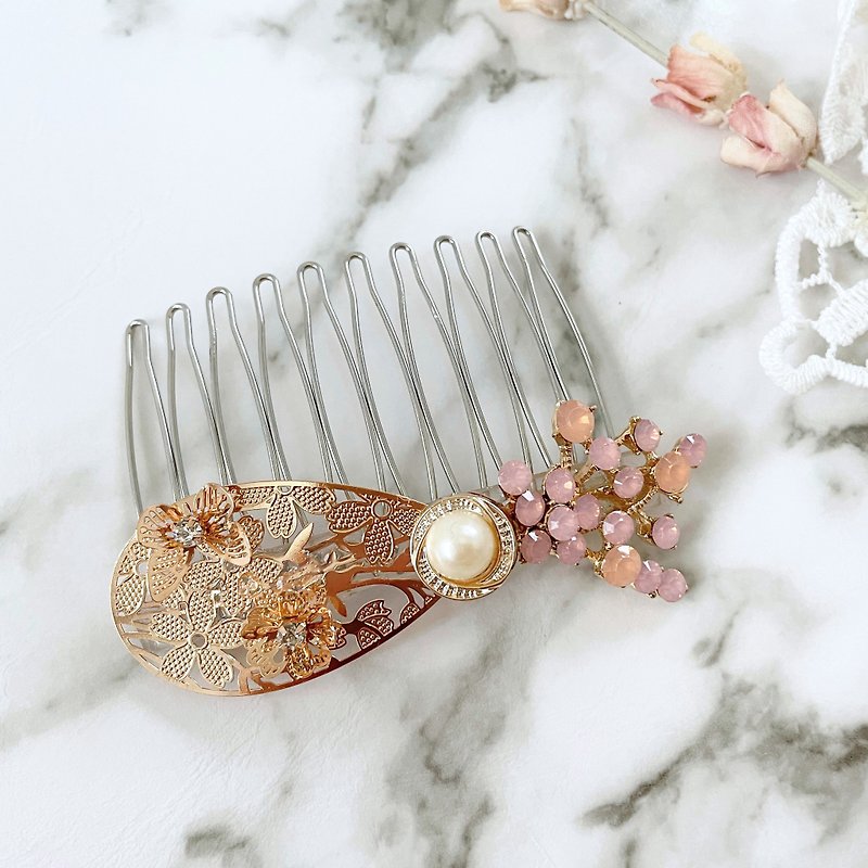 Multi-leaf pink protein three-dimensional metal carved hair comb banana clip hair fork hair insert intersecting clip - Hair Accessories - Other Materials Pink