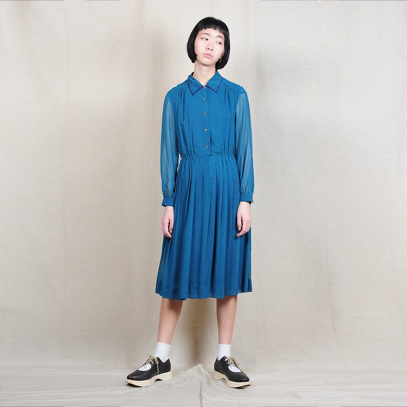 【蛋植物古着】湖水光年印花古著洋裝 - 洋裝/連身裙 - 聚酯纖維 藍色