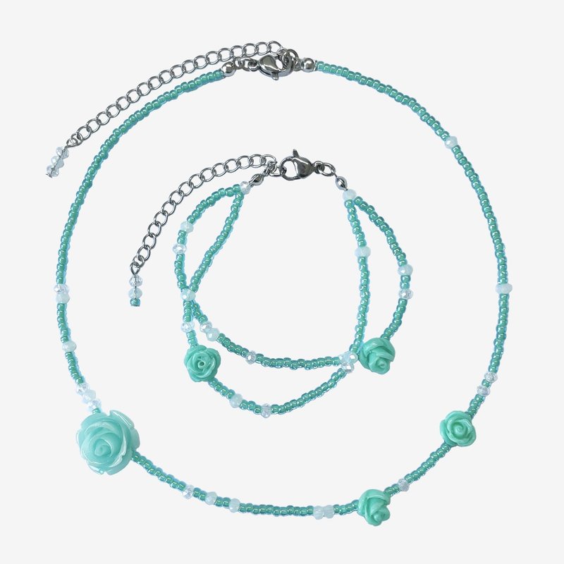 Rose Fit Mint Green Beaded Choker Necklace Bracelet Birthday Gift - Necklaces - Other Materials Green