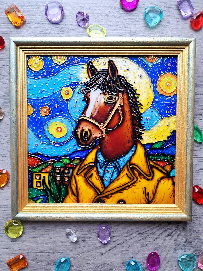 Hand painted cute Horse in coat Wall hanging Original painting Pet lover gift - Wall Décor - Glass Multicolor