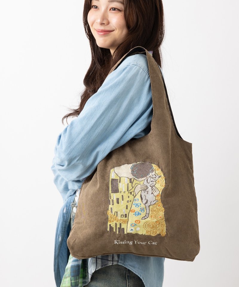 Jubilee Animal Embroidery Corduroy Tote Bag Cat Dark Brown - กระเป๋าแมสเซนเจอร์ - เส้นใยสังเคราะห์ สีนำ้ตาล