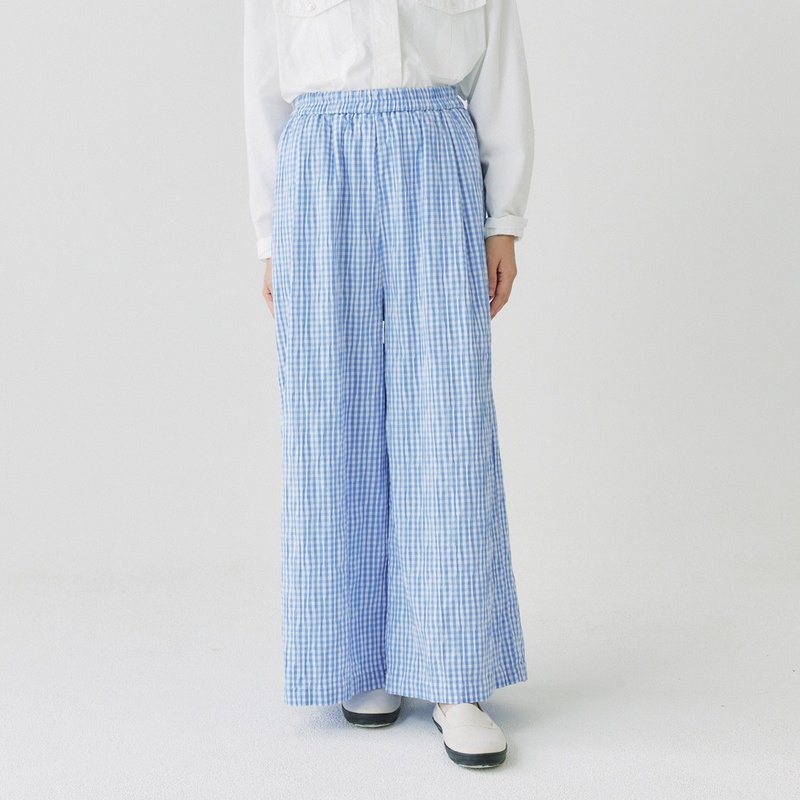 【Simply Yours】小格緹花寬褲 藍F - 女長褲 - 棉．麻 藍色