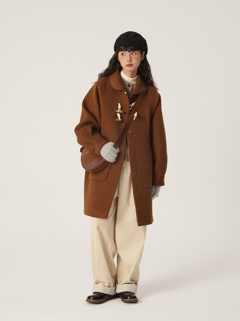 oddmaker small round neck mid-length wool horn button coat thickened Japanese retro wool coat winter - เสื้อสูท/เสื้อคลุมยาว - ขนแกะ 