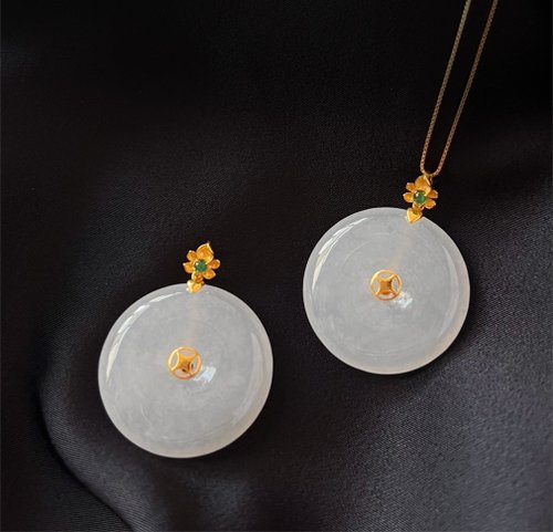 玲靛翡翠 LingDian 18K【花開圓滿】 冰潤翡翠平安釦墜飾 東方美學/ 翡翠墜飾 /珠寶