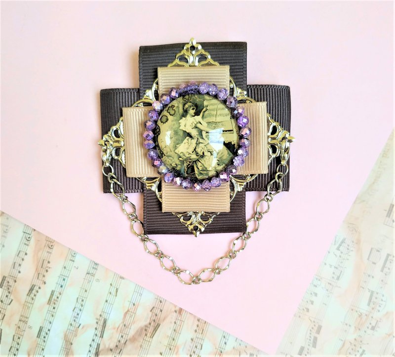 Cameo brooch vintage style Bow brooch Ribbon brooch Brooch bow with chain - เข็มกลัด - วัสดุอื่นๆ สีเทา