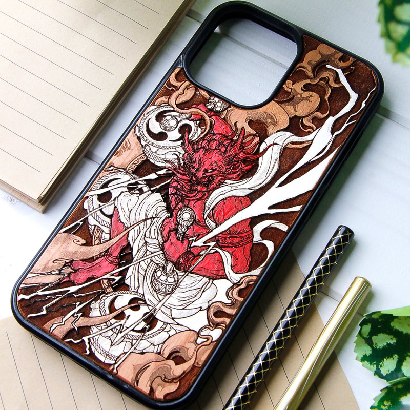 Raijin God of Lightning - Phone case wood laser engraved + hand painting - 手機殼/手機套 - 木頭 咖啡色
