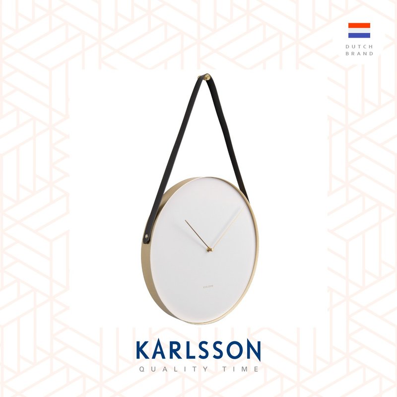 荷蘭Karlsson wall clock L59cm Belt white 白色金框皮帶掛鐘 - 時鐘/鬧鐘 - 其他金屬 白色