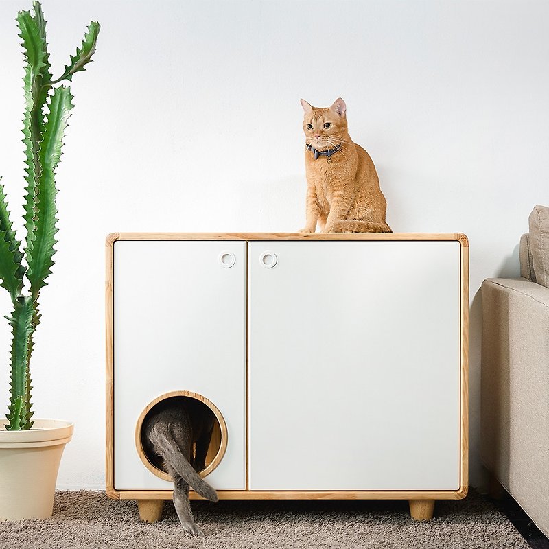 【paipaipets】NATURAL WOOD CAT KENNEL - Two Basins Style - Cat Litter & Cat Litter Mats - Wood Khaki