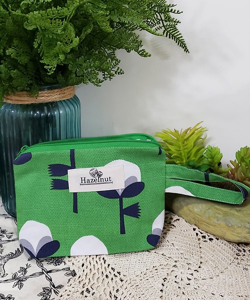 hazelnut 北歐風格綠色花花圖案拉鍊小收納袋小卡片包口罩收纳多功能小包