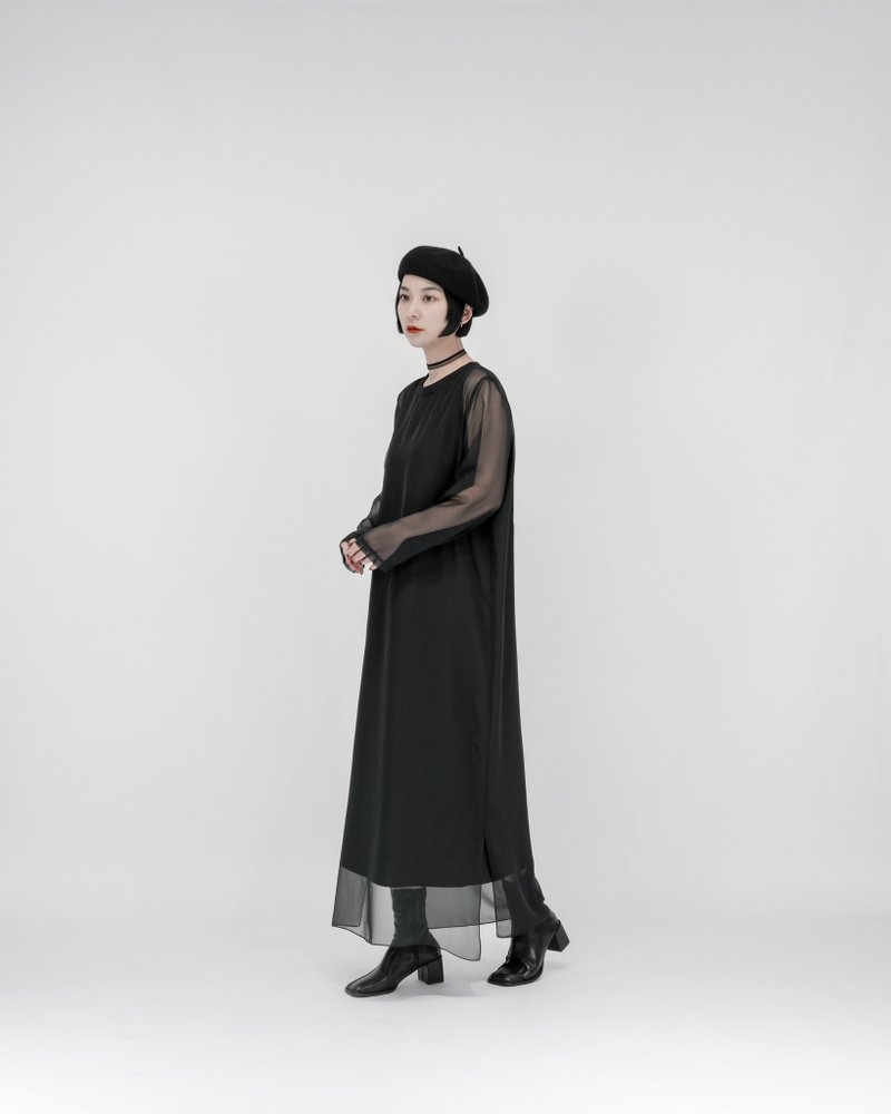 MUKK DESIGN 假兩件透視雪紡洋裝-長款 - 洋裝/連身裙 - 聚酯纖維 黑色