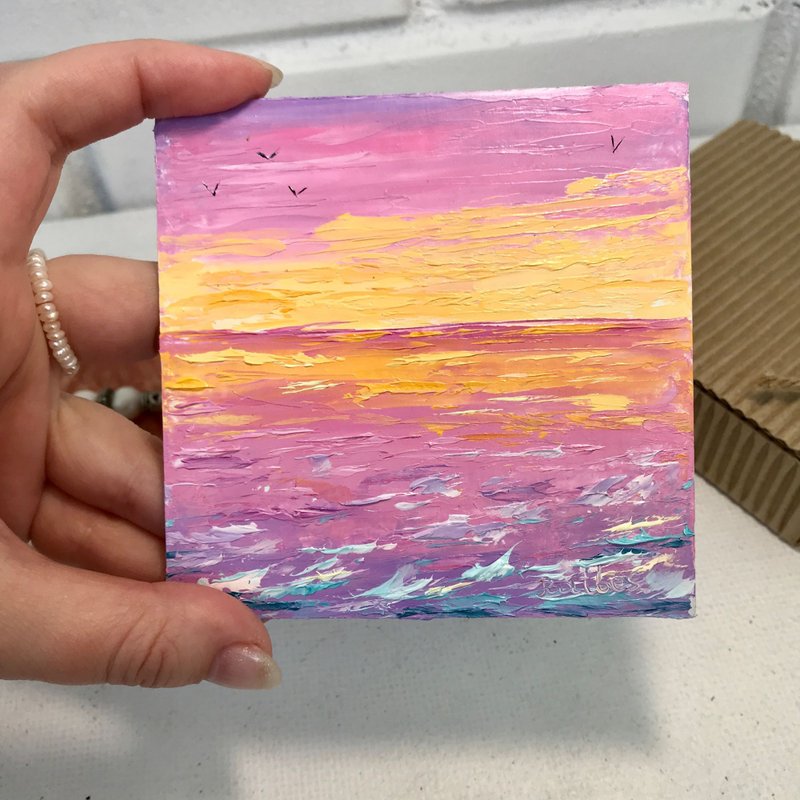 油絵 オリジナル シースケープ ミニチュア 風景 小さい絵画 ウォールアート - ウォールデコ・壁紙 - 紙 オレンジ