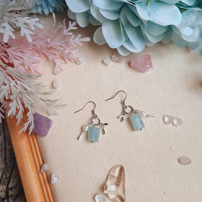 J024-天然石ビーズピアス アクアマリン＋パール - ピアス・イヤリング - 半貴石 ブルー