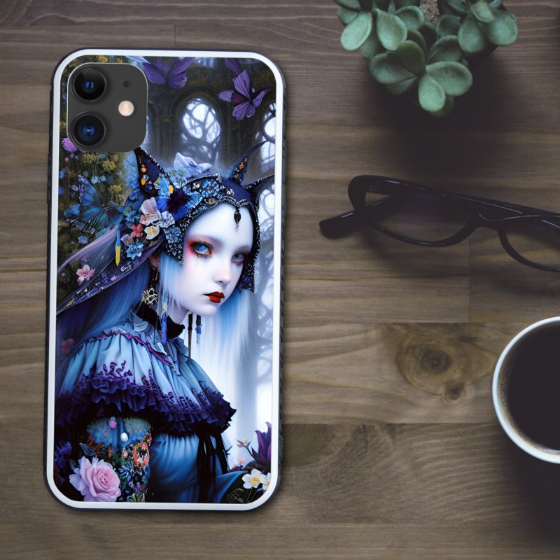 A dark gothic style mysterious witch in a glittering forest with flower lover and butterflies smartphone case [tempered glass finish] compatible with iPhone 16 - เคส/ซองมือถือ - พลาสติก หลากหลายสี