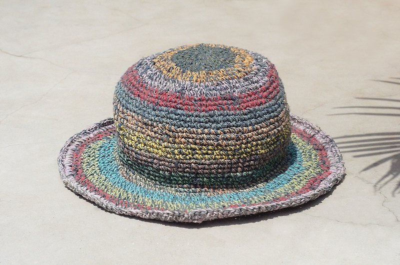 タナバタギフトリミット手織りコットンリネンキャップ/ニットキャップ/帽子/バイザー/帽子-熱帯雨林のブルー空のグラデーションストライプカラフルな手織りの帽子 - 帽子 - コットン・麻 多色