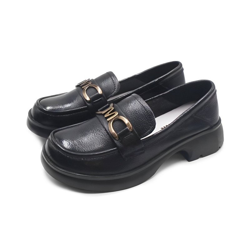 W&M (women) retro Bronze round toe platform platform thick-soled loafers for women - black - รองเท้าอ็อกฟอร์ดผู้หญิง - หนังแท้ 