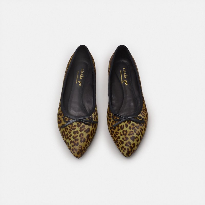 21606 Dark green leopard print pointed toe flat shoes - Mary Jane Shoes & Ballet Shoes - Genuine Leather Green