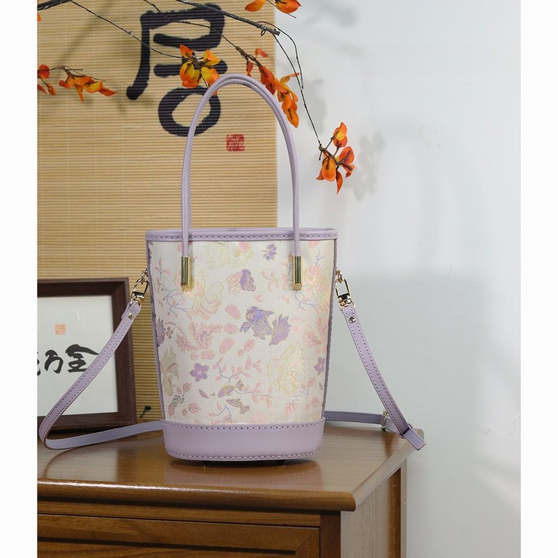 Genuine leather patchwork handbag Chinese style Songjin two-way hand-carrying bucket bag handmade handmade Goldfish Full House - Handbags & Totes - Genuine Leather Purple