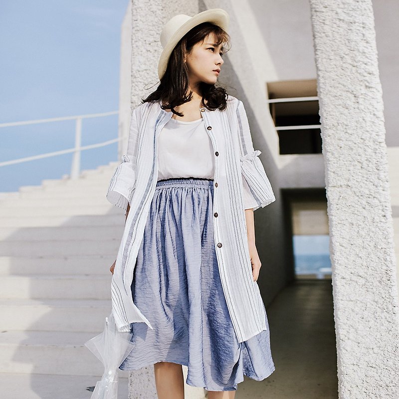 Annie Chen 2017 Miss Xia Zhuang new striped sleeve sun shirt - เสื้อผู้หญิง - เส้นใยสังเคราะห์ ขาว
