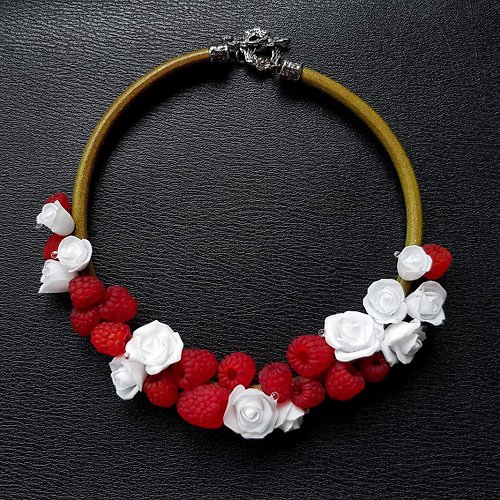 Toutberry Red raspberry and white rose necklace Statement choker Flower jewelry