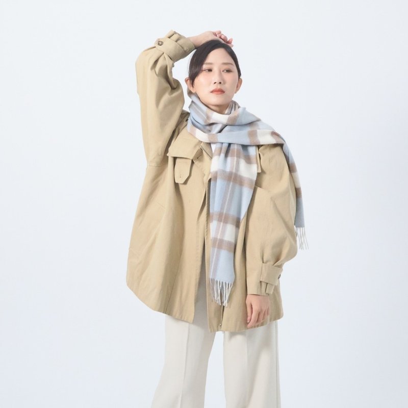 清映杏藍格紋 | 經典格紋 喀什米爾圍巾 - 圍巾/披肩 - 羊毛 藍色
