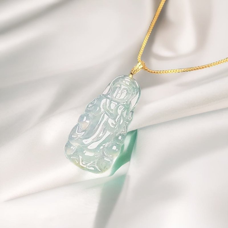 冰綠翡翠觀音菩薩吊飾18K金墜頭 | 天然緬甸玉翡翠A貨 | 送禮 - 項鍊 - 玉石 綠色