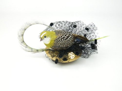 Fascinator Headpiece with Feathered Bird, Gold Vintage Buttons and Veil, Statement Cocktail Hat in Woodland Style, Hen Party, Burlesque