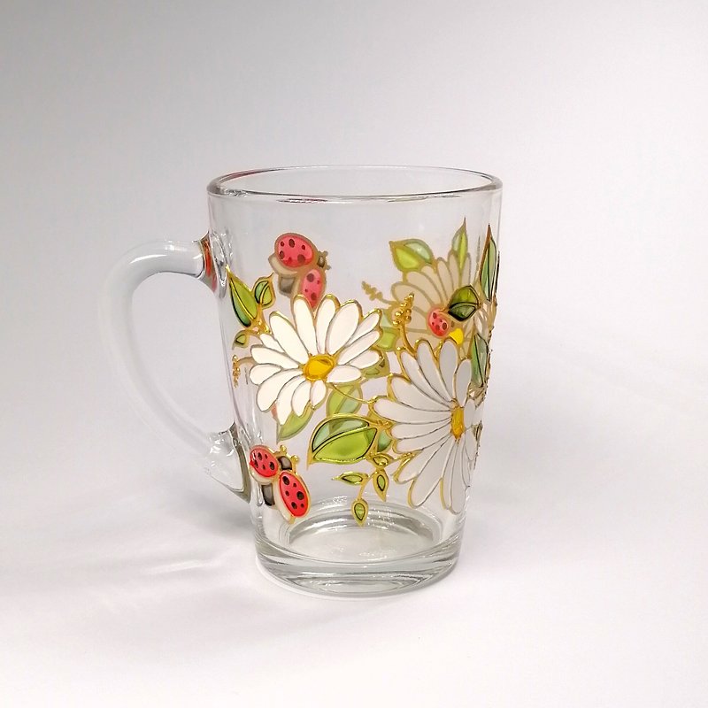 Daisy coffee mug hand painted Ladybug tea cup for her Camomile mug personalised - 杯子 - 玻璃 白色