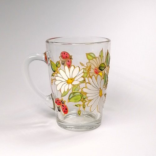 StekloCraft Daisy coffee mug hand painted Ladybug tea cup for her Camomile mug personalised
