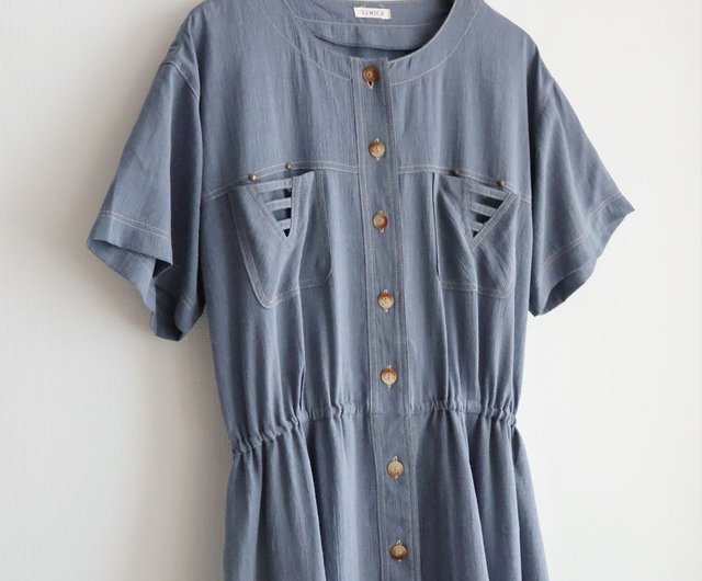 Japanese retro tailored loose short-sleeved gray blue vintage