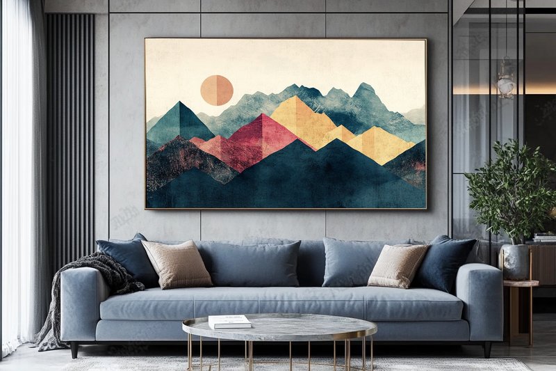 Mountain Fantasy Nordic Geometric Print Modern Simple Mountain Living Room Bedroom Fashion Art Giclee Hanging Painting - โปสเตอร์ - ผ้าฝ้าย/ผ้าลินิน 