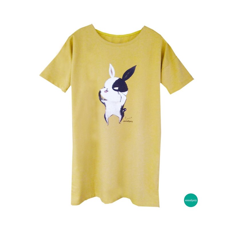 emmaAparty illustration T: playful rabbit (winter long version limited edition two colors) - One Piece Dresses - Cotton & Hemp 